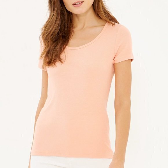 THREE DOTS Viscose Rib Short Sleeve Scoopneck Tee TOP MELON WOMENS‎ SIZE L - Picture 1 of 7